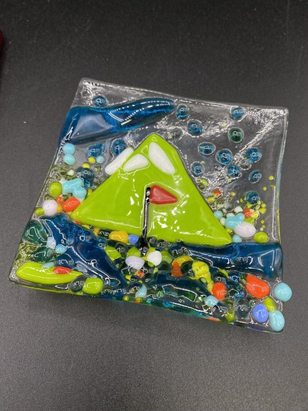 Fused Art Glass Coaster & Trinket Bowls Iris Flowers Abstract & Golf Flag LOT 3 - Picture 4 of 13